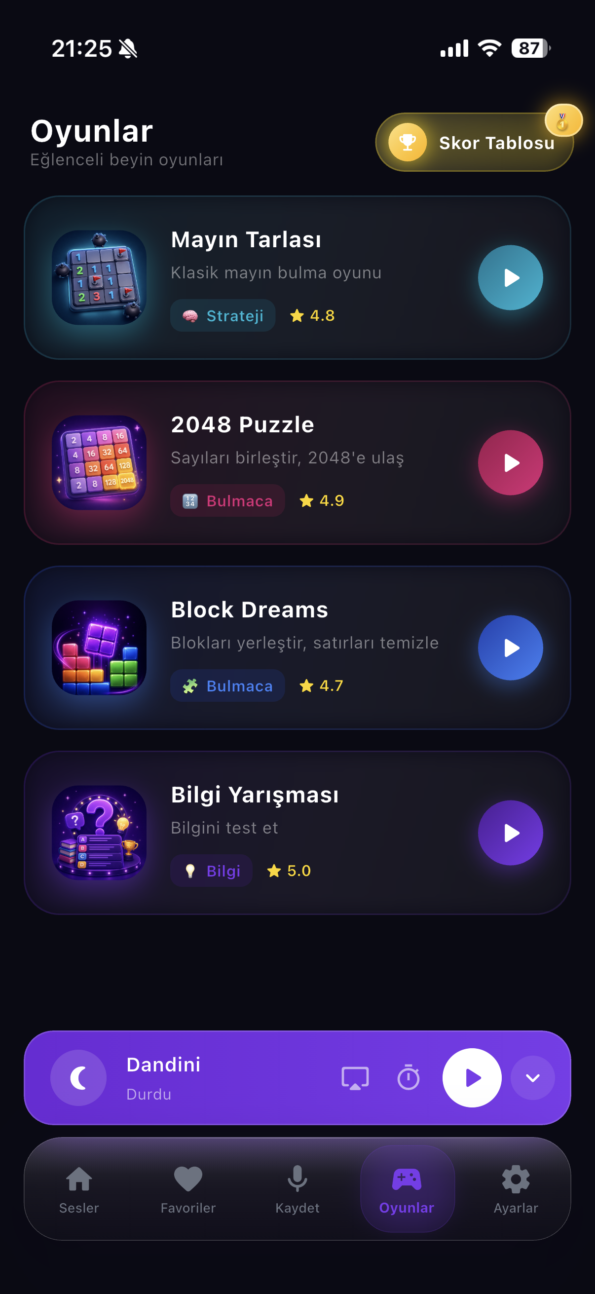 Oyunlar liste ekranı