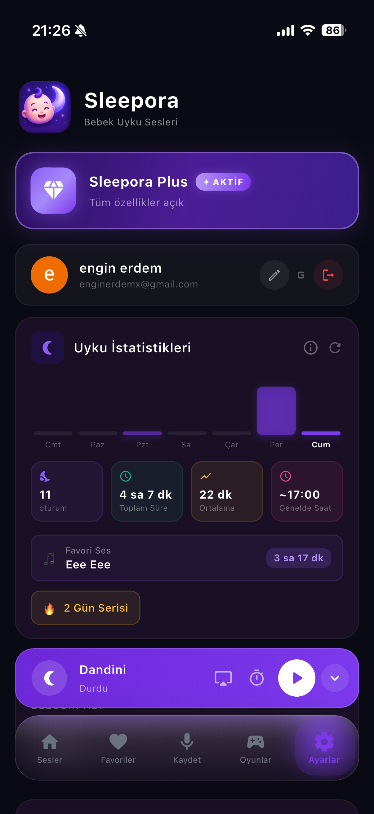 Sleepora uyku istatistikleri görünümü